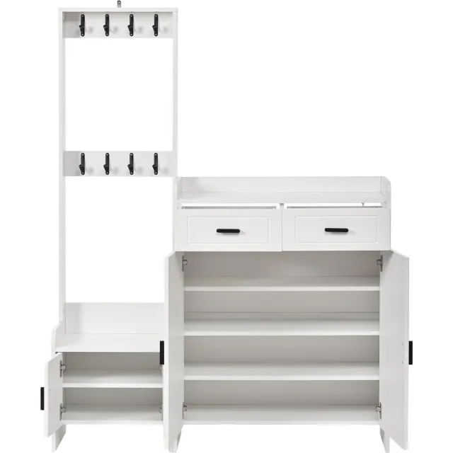 MUVANO Halmeubel - Wit halmeubel met schoenenkast en lades - Garderobekast met lades - Kapstok met 8 haken - 125x36x165 cm - Opbergen - Entree Wit