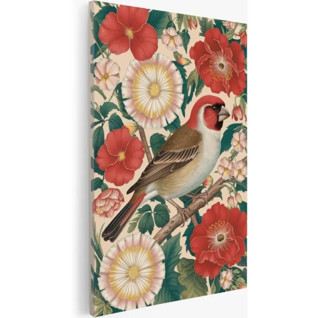 Saammp Canvas Schilderij - Vogel tussen de bloemen - 80x120 - Foto op canvas - Wanddecoratie - Muurdecoratie Woonkamer - Kantoor Decoratie Multicolor