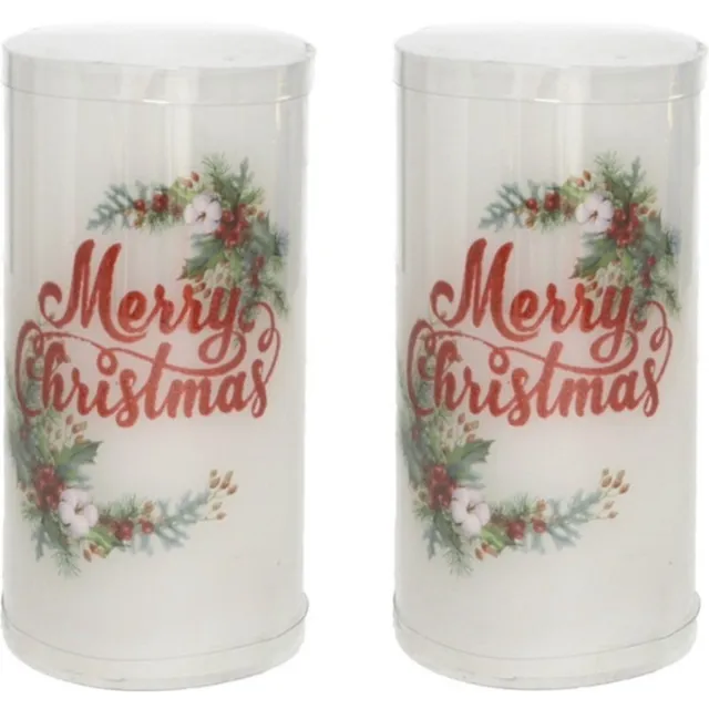 Gerimport Gerim - LED kaarsen/stompkaarsen - 2x stuks - Merry Christmas - H15 cm Wit