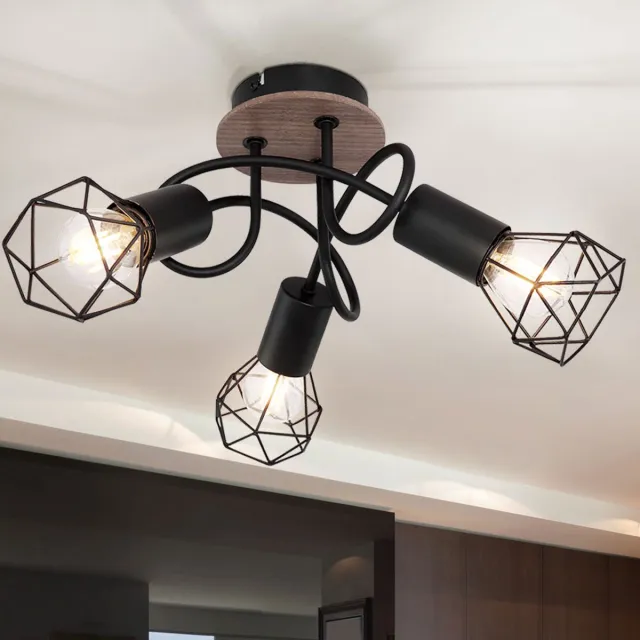 Globo Vintage plafondlamp Spot Rondell plafondspot Plafondlamp woonkamer 3 vlammen metaal zwart, beweegbare spots, metalen gaas hout, 3x E14 stopcontacten, DxH 38x21 cm