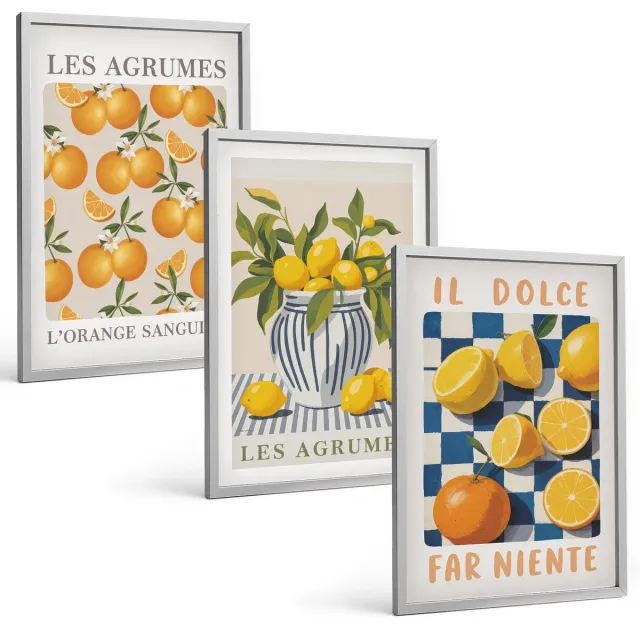 TULUP 4-Delige Schilderij Set - Retro citrusvruchten met gele accenten - 40 x 60 cm - Wanddecoratie - Muurdecoratie - Woonkamer Zilveren lijst