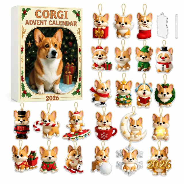 SWGOTA Corgi-adventskalender 2026 met 24 vakken - Platte kersthangers met ophanglus, in kartonnen doos Bruin