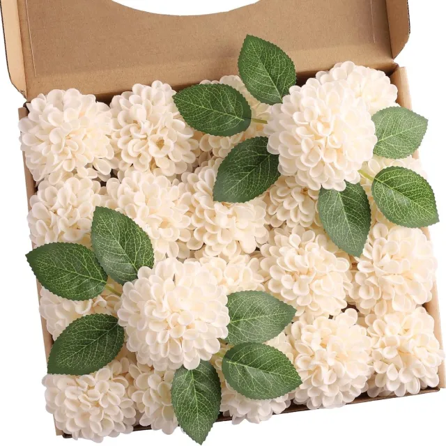 Famanu Kunstmatige dahliabloemen 20 stuks nepschuimrozen met bladeren en stengels - doe - het - zelf crème dahlia schuim bloem voor bruiloft boeketten bloemen tafelstukken arrangement feest cream