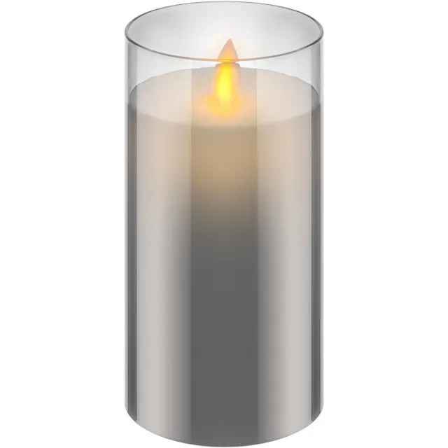 goobay LED-kaars in glas 7,5 x 15 cm timer pendelende vlam warm wit, LED kaars van echte kaarsvet in glas, 7,5 x 15 cm, op batterijen grijs