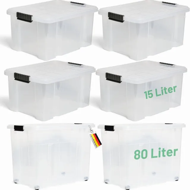 Novatool Novaliv 5-delige set opbergdozen met deksel, transparant, 1x80 L + 4x 15 L, nestbaar, stapelbaar, clipsluiting, roldozen, BPA-vrij