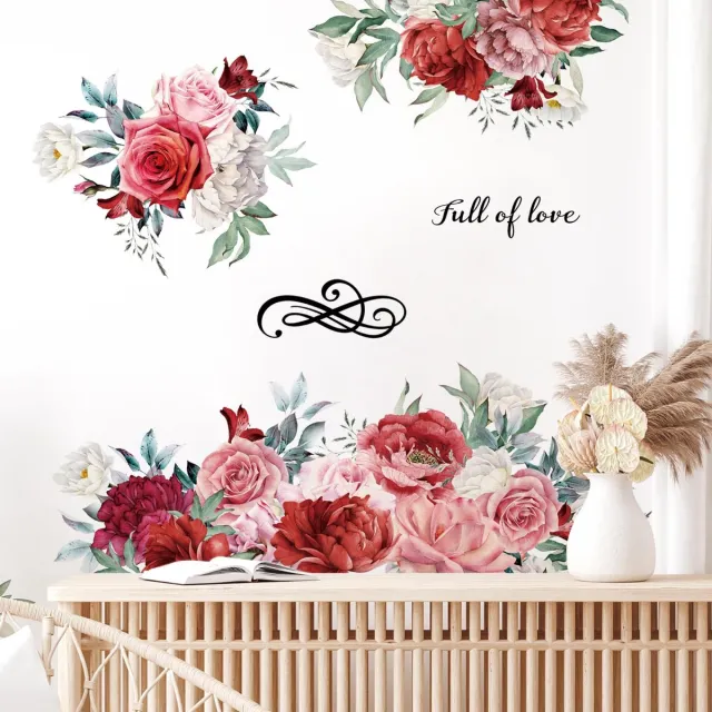 Ibenzoa Wanddecoratie Sticker Set met Grote Rode Rozen en Pioenrozen voor Slaapkamer en Woonkamer