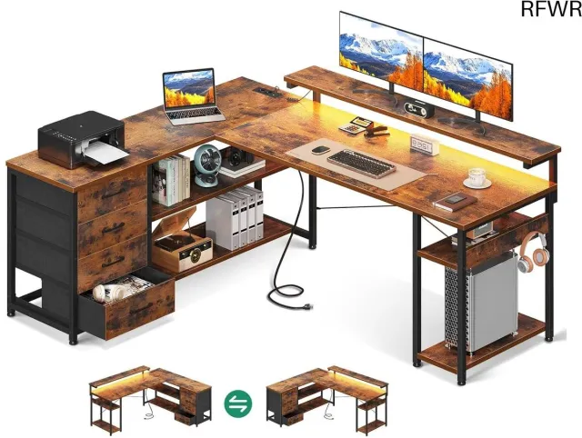 RFWR Hoekbureau met Laden en USB-oplaadpoorten - L-vormig Bureau met LED Verlichting voor Thuiskantoor Vintage bruin
