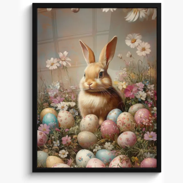 FrameYourWall Poster in lijst - Fotolijst 50x70 cm - Posters - Paashaas - Lente - Paaseieren - Posterlijst zwart - Decoratie - Wanddecoratie woonkamer - Muurdecoratie slaapkamer Paashaas - Vintage