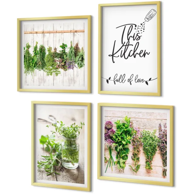 Coloray 4-Delige Schilderij Set - Keukenmotief Inscriptie Gedroogde kruiden - 40 x 40 cm en 40 x 60 cm - Moderne Wanddecoratie - Slaapkamer Gouden lijst