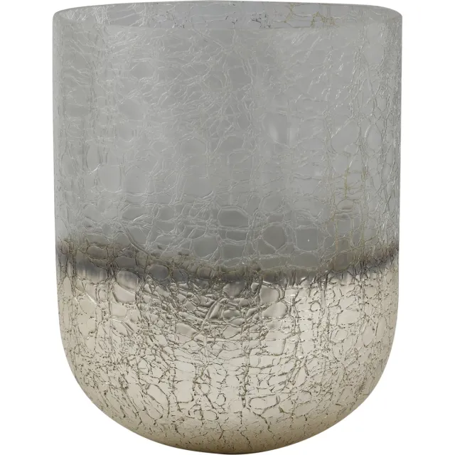 PTMD COLLECTION PTMD Lezz windlicht vaas craquelé glas met zilver gespoten onderzijde L - Lezz Silver half cracked glas vase round low