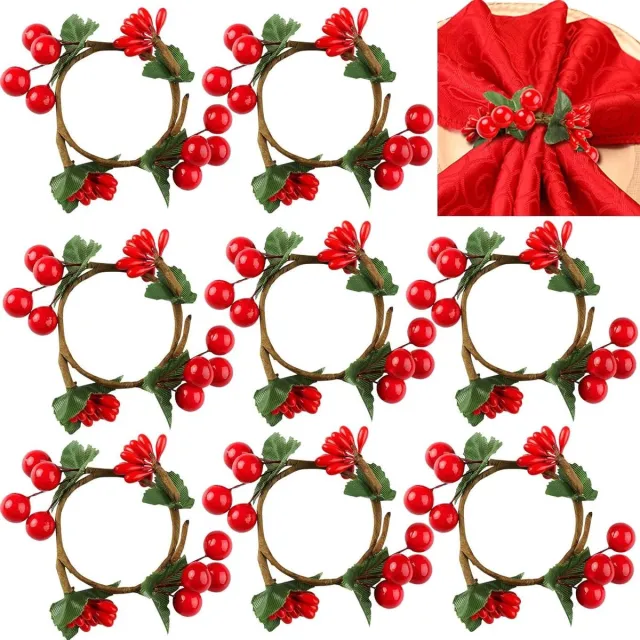Cosensi Kerst Servetten Ringen 8 Stuks Handgemaakte Rode Bessen Rustieke Servethouders - Xmas Verjaardagsfeest Thanksgiving Nieuwjaar Diner Any