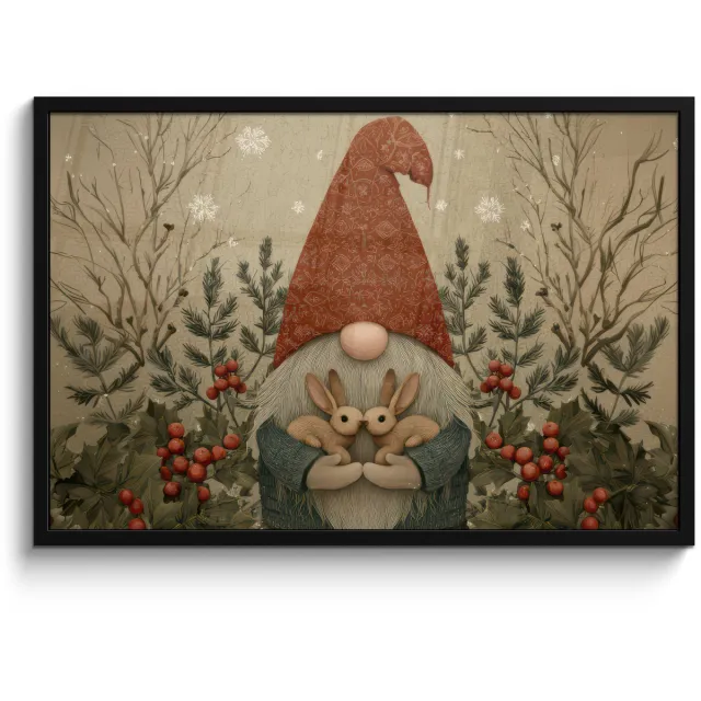 FrameYourWall Poster in lijst - Fotolijst 90x60 cm - Posters - Kerstgnome - Konijntjes - Kleurrijk - Posterlijst zwart - Decoratie - Wanddecoratie woonkamer - Muurdecoratie slaapkamer - Kerstversiering - Kerstdecoratie voor binnen - Kerstmis