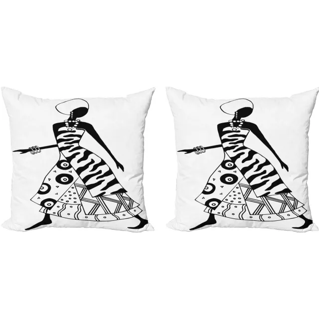 ABAKUHAUS Decoratieve kussenhoezen met Afrikaanse vrouwmotief (2 stuks), inheems tribaal design, 40x40 cm, zwart-wit