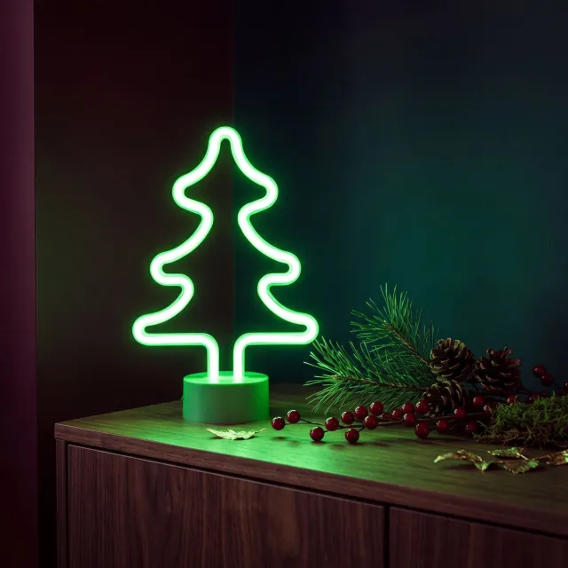 PHENOM LIGHTING TECHNOLOGY Nachtlamp Neon LED Kerstboom Lamp - Groen - USB (Kabel Meegeleverd) Of 3x AA - Decoratieve Tafellamp Met Stabiele Voet - 120 LEDs - 2 W [43996D]