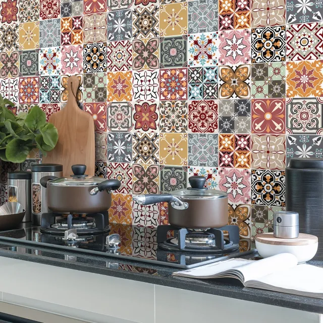 Ambiance Sticker Zelfklevende tegelmuurstickers voor keuken en badkamer - 24 Sevrinia Azulejos cementtegelstickers - 24 stickers, 40x40cm Multi color