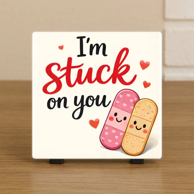 CreaCraft Wenstegeltje “I’m Stuck on You” – Liefde Cadeau – Woondecoratie – Handmade – Spreuktegel – Trendy nu – Valentijn – Liefde – Decoratie – Zomaar – Incl standaard
