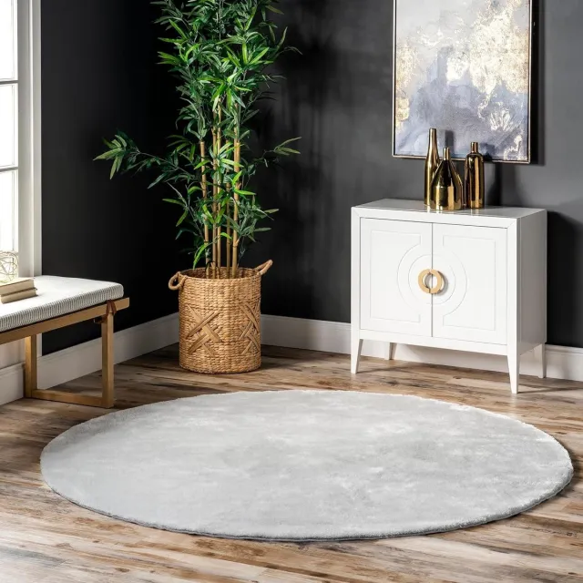 flycarpets Rond Solid Wasbaar Effen Vloerkleed - Zilver / Lichtgrijs - 160x160 cm