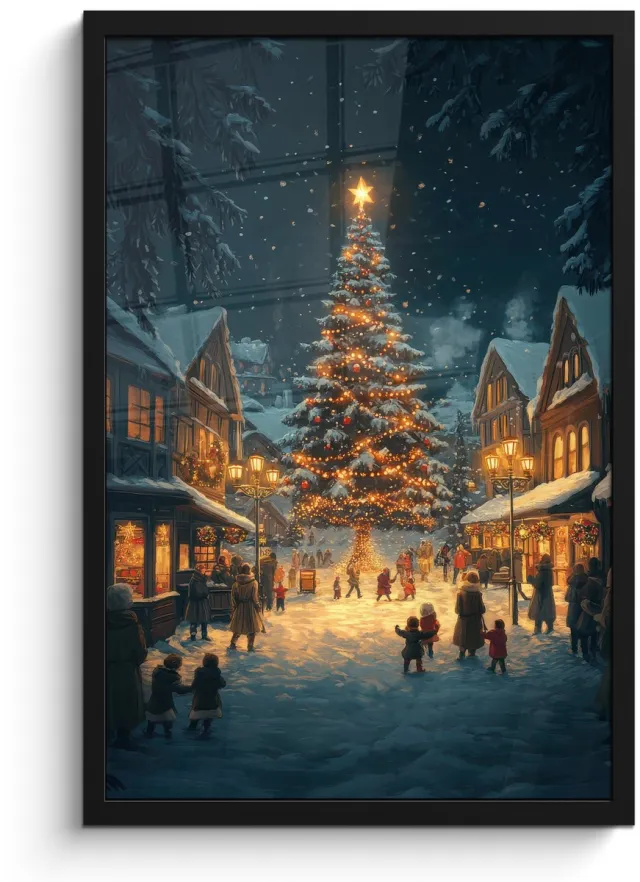 FrameYourWall Poster in lijst - Fotolijst 40x60 cm - Posters - Kerstfeest - Dorp - Donker - Posterlijst zwart - Decoratie - Wanddecoratie woonkamer - Muurdecoratie slaapkamer - Kerstversiering - Kerstdecoratie voor binnen - Kerstmis