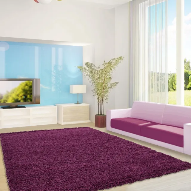 Adana Carpets Hoogpolig vloerkleed, effen kleur - violet, vloerkleed voor de woonkamer, jute achterkant, afmeting: 100 cm x 200 cm Anthrazit