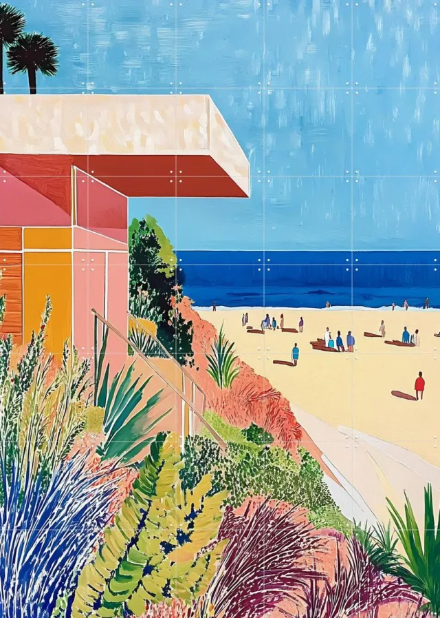 IXXI Strandhuis, Artclaud - 100 x 140 cm - Grote wanddecoratie en posters - Surrealisme, Pop art, Abstract, Illustraties, Kleurrijk, Slaapkamer Roze / Groen / Blauw