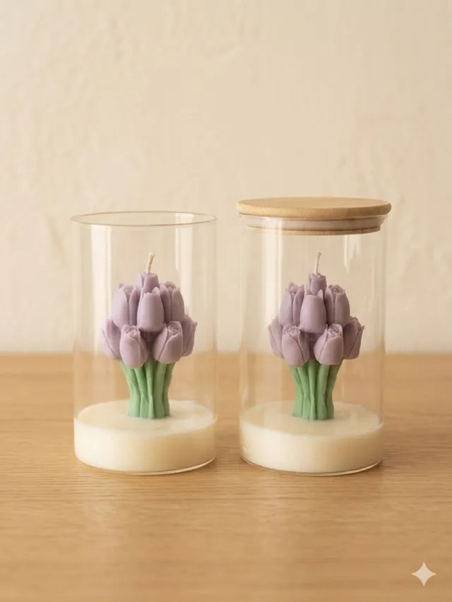 Lumen and Lux Candles Elegante Tulpen Kaars in Glas - Stijlvol en Uniek - Moederdag Ivoor, Lila