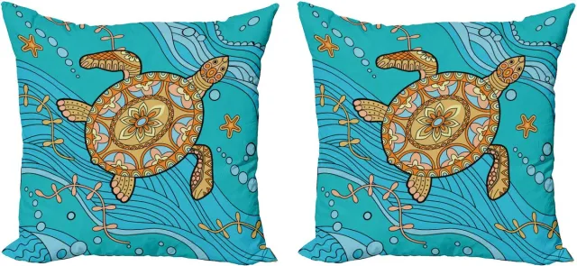 ABAKUHAUS Schildkröte Sierkussenhoes Set van 2, Doodle Water, Modern Accent Dubbelzijdige Digitale Print, 40x40, Turquoise