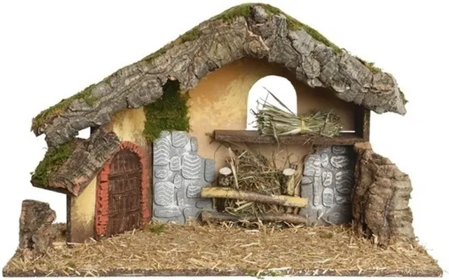 Decoris kerststal leeg - bruin - hout/mos/stro - 50 cm - kerstdecoratie - kerstversiering