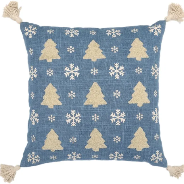 Urbane Hide Kerstkussen - Kerst Kussenhoes 45x45 cm Boom Borduur met Kwastjes - Vierkant Kussenhoesjes - Kerstkussens Sneeuwlandschap Design - Katoen en Acryl - Blauw en Beige - Zonder Binnenkussen Part A