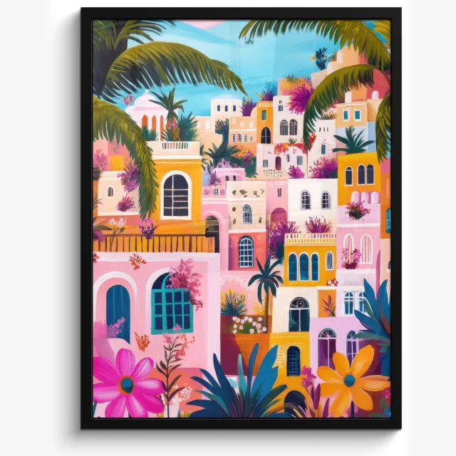 FrameYourWall Poster in lijst - Fotolijst 50x70 cm - Posters - Kleurrijk - Roze - Oranje - Geel - Bloemen - Posterlijst zwart - Decoratie - Wanddecoratie woonkamer - Muurdecoratie slaapkamer Stad - Kleurrijk