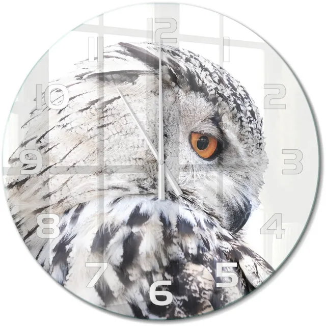 TULUP Wandklok - Witte Uil Gekleurde Glazen Klok - fi60 cm - Wit Glazen Klok Met Print - Witte handen - Ronde Klok - Moderne Wandklok Glas - Wandklok Glas Decoratie