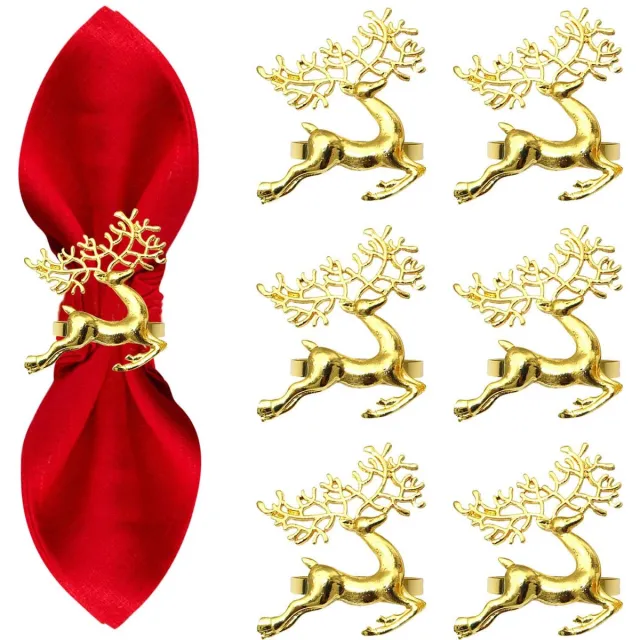 Famanu Set van 6 kerstservetringen in gouden hert ontwerp, metalen servetringhouders voor feestelijke tafeldecoratie