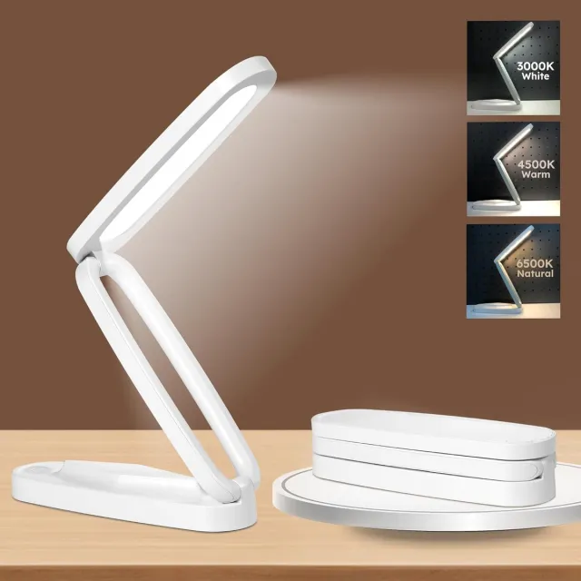 ZVD Wit oplaadbare bureaulamp – Compacte, draadloze LED-leeslamp op batterijen voor kantoor en thuis; opvouwbaar en draagbaar, dimbaar met 3 kleurtemperaturen en instelbare helderheid.