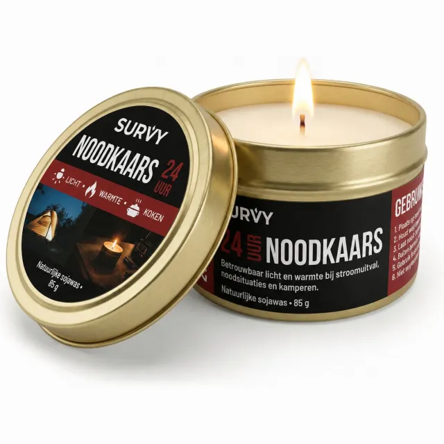 Survy Noodkaars - Noodpakket Kaars met 24 Uur Brandtijd - Noodkaarsen Lang Brandbaar - 100% Sojawas - Geurloos Goud