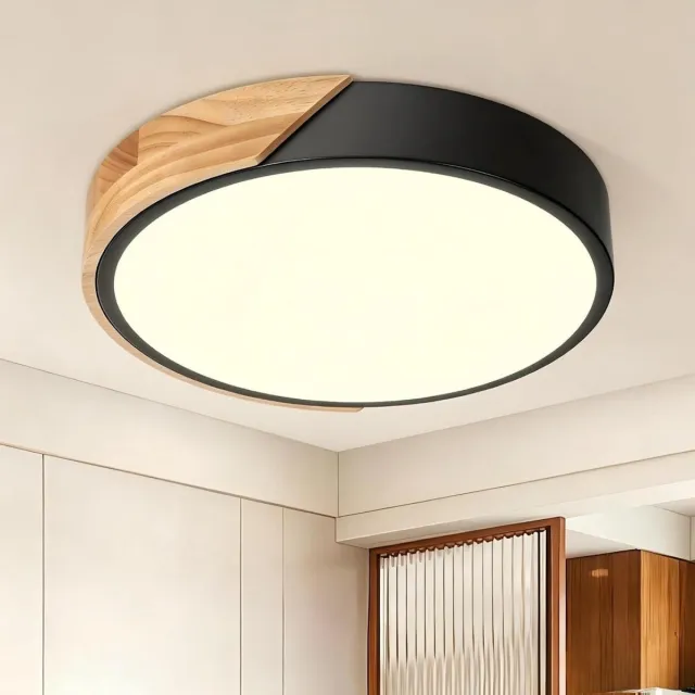 SSTRWGOOD LED-plafondlamp - 24W Ø30cm - 3000K warm wit licht - Zwarte plafondlamp met houtnerfstructuur - Geschikt voor woonkamers, slaapkamers, keukens, hallen en balkons