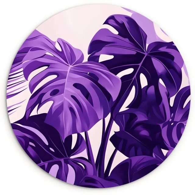 WallCircle Wandcirkel 60x60 cm - Muurcirkel Bladeren - Paars - Tropisch - Abstract - Muurdecoratie woonkamer - Wanddecoratie slaapkamer - Kamer decoratie accessoires - Ronde schilderijen