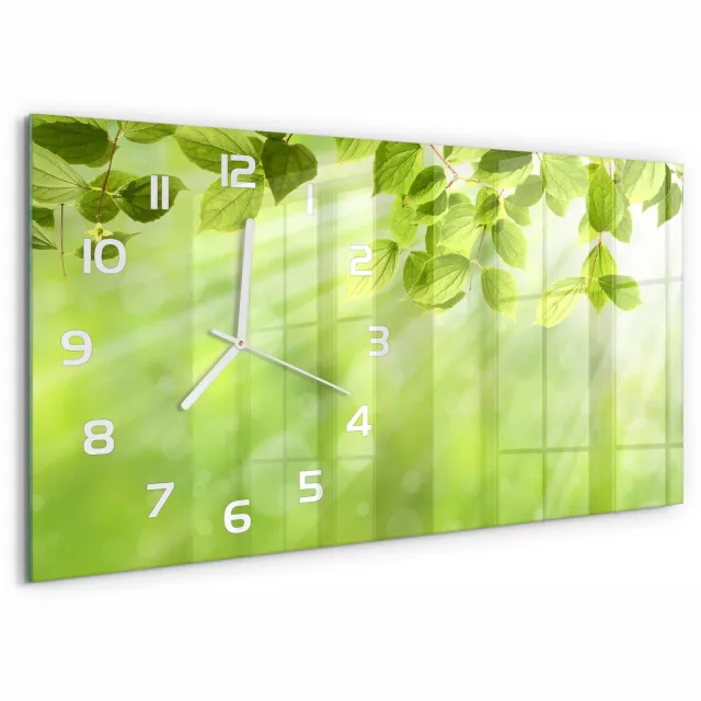 TULUP Wandklok - Bladeren Wandklok Glas Decoratie - 60x30 cm - Groente Gekleurde Glazen Klok - Witte handen - Rechthoekige Klok - Klok Glas Met Opdruk - Moderne Wandklok Glas