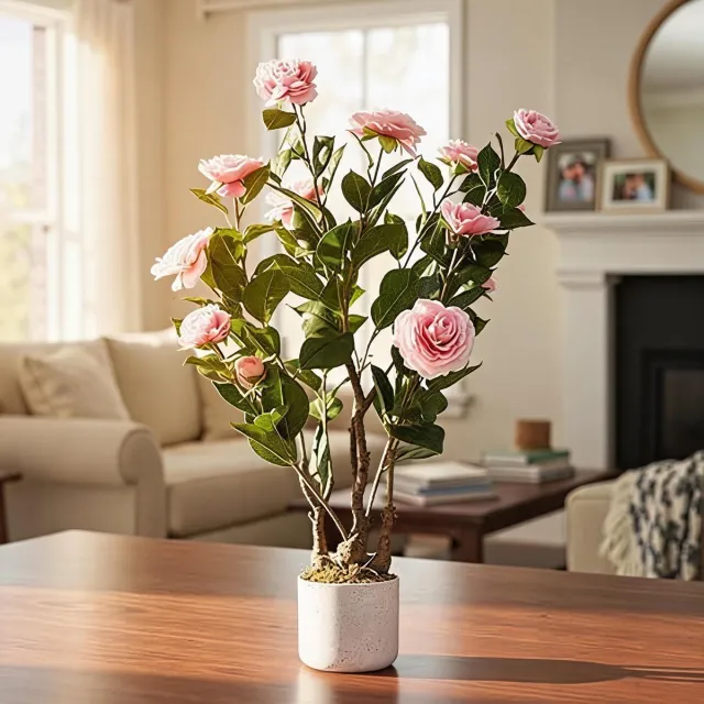 Triumpunpre Roze Nep Camellia Boom 2 stuks - Realistische textuur - Lichtgewicht pot