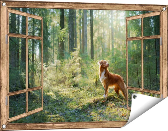 Gards Tuinposter Doorkijk Retriever Hond in het Bos met Zon - 90x60 cm - Tuindoek - Tuindecoratie - Wanddecoratie buiten - Tuinschilderij Licht bruin