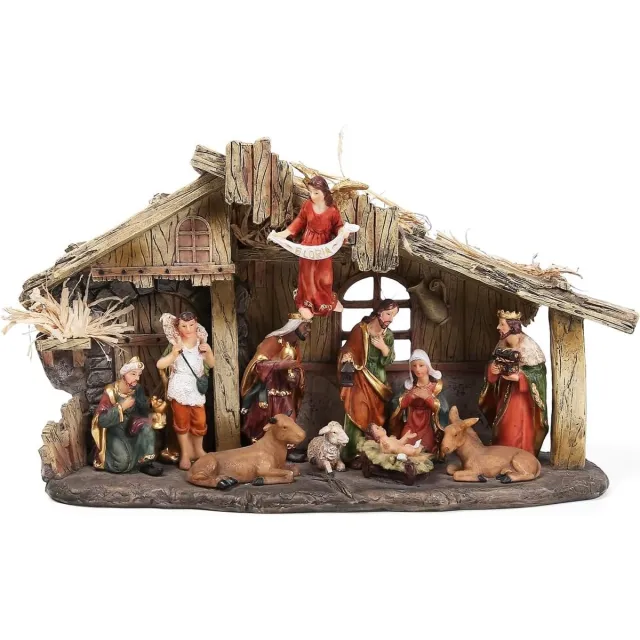 Brubaker Kerststal - 32 cm kerststalset met 11 handbeschilderde figuren - kerstfiguur kribbe van hars - tafeldecoratie Kerstmis - kerstdecoratie sculptuur