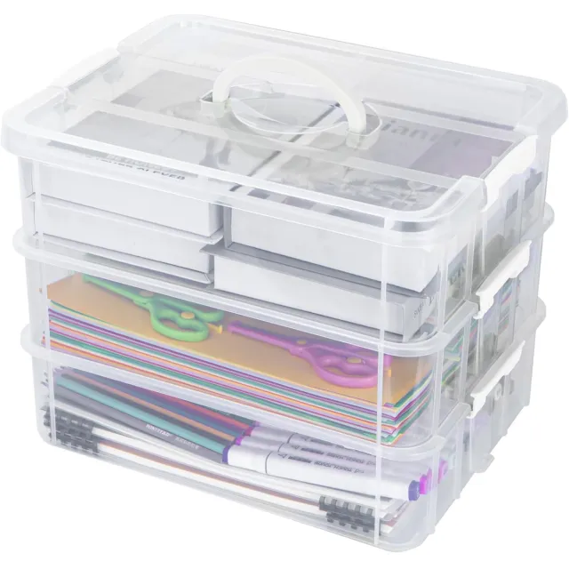 Famanu 3-laags plastic stapelbare opbergdozen met deksel en draaggreep Transparant