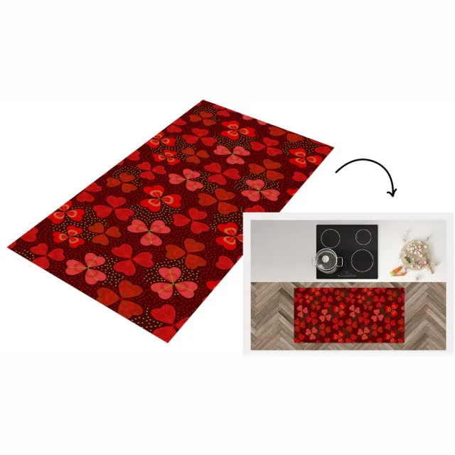 KitchenYeah Keukenloper 120x60 cm - Keukenmat vinyl Patroon - Klaver - Rood - Keukenmatten loper - Keuken vloerkleed tapijt