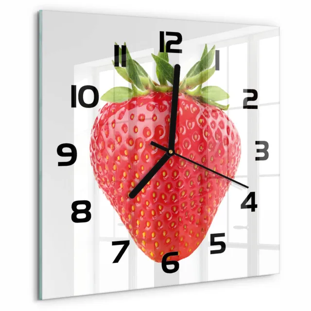 TULUP Wandklok - Aardbei Wandklok Glas Decoratie - 30x30 cm - Rood Gekleurde Glazen Klok - Zwarte handen - Vierkante Klok - Klok Glas Met Opdruk - Moderne Wandklok Glas