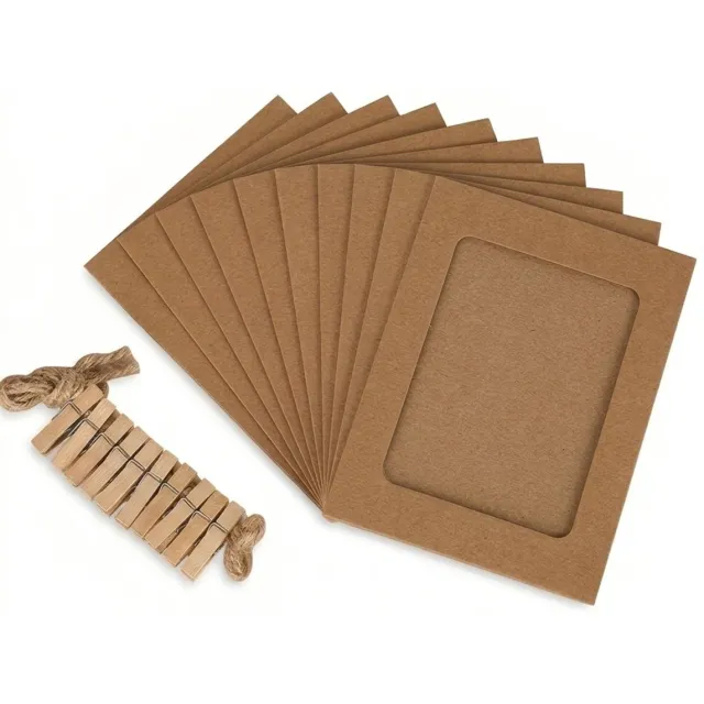 NUVEX Hout kleur fotolijst set met clips en touw – DIY foto slinger – 10 papieren fotolijsten met knijpers – hangende foto display voor wand decoratie thuis kantoor klaslokaal