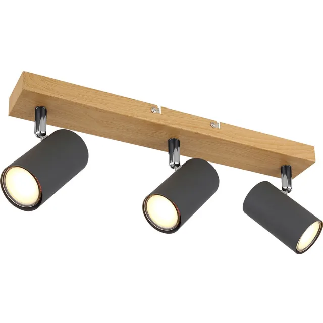 Globo Lighting Plafondlamp 3 spots 3 vlammen GU10 3 vlammen, draaibaar, metaal houtlook grafiet, 3x GU10, LxBxH 41x6x12 cm Bruin