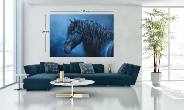 Trendex Global Canvas Schilderij - Zwart Paard met Blauwe Achtergrond - 90x60x2 cm