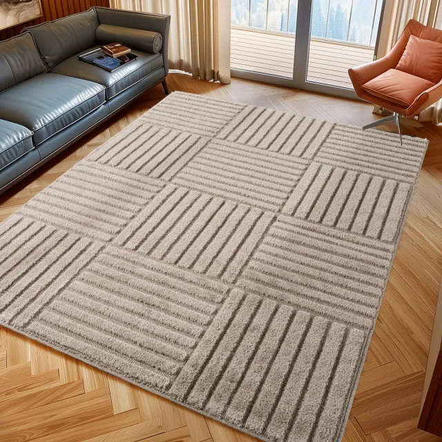 Moonay Kiyaro Kubo Vloerkleed Beige 160 x 230 cm - Japandi Scandinavisch - Geometrische Strepen - Hoog- en Laagpolig 3D