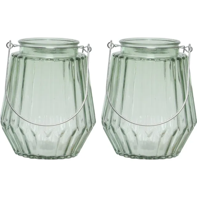Decoris 2x stuks theelichthouders/waxinelichthouders streepjes glas mistgroen met metalen handvat 11 x 13 cm - Windlichtjes/kaarsenhouders