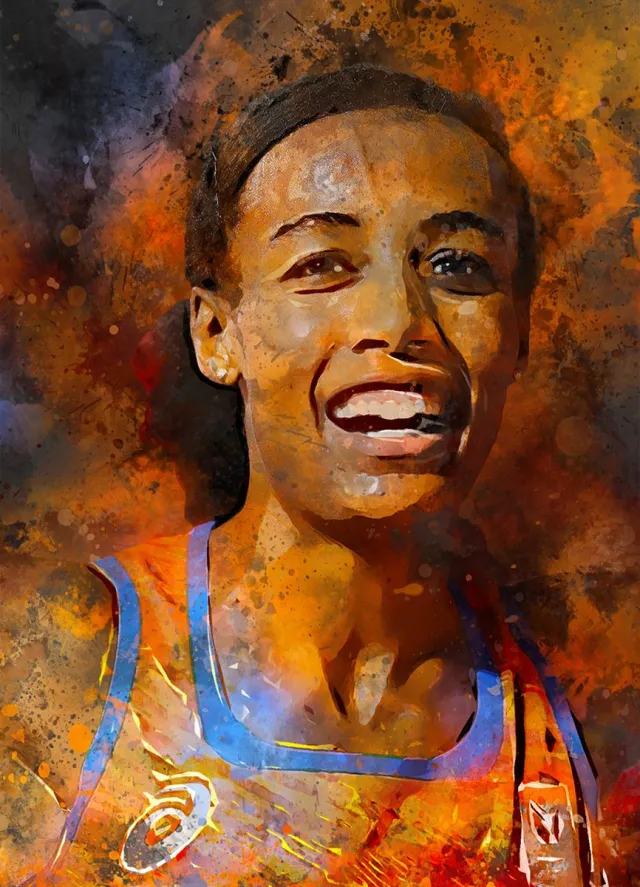 Wallofprints Sifan Hassan poster op A0 semi- glossy papier - 84x118.8 cm - Atletiek poster - Unieke poster van Sifan Hassan met donkergrijze achtergrondkleur