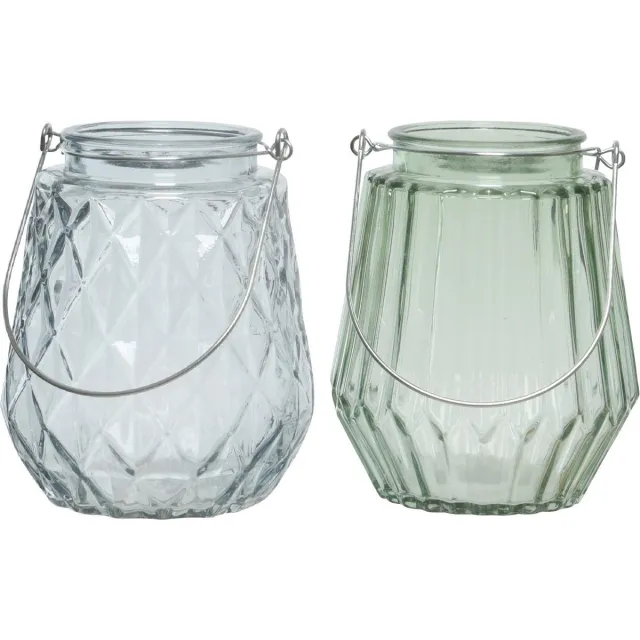 Decoris Set van 2x stuks theelichthouders/waxinelichthouders ruit/streep glas ijsblauw en mistgroen met metalen handvat 11 x 13 cm Multi
