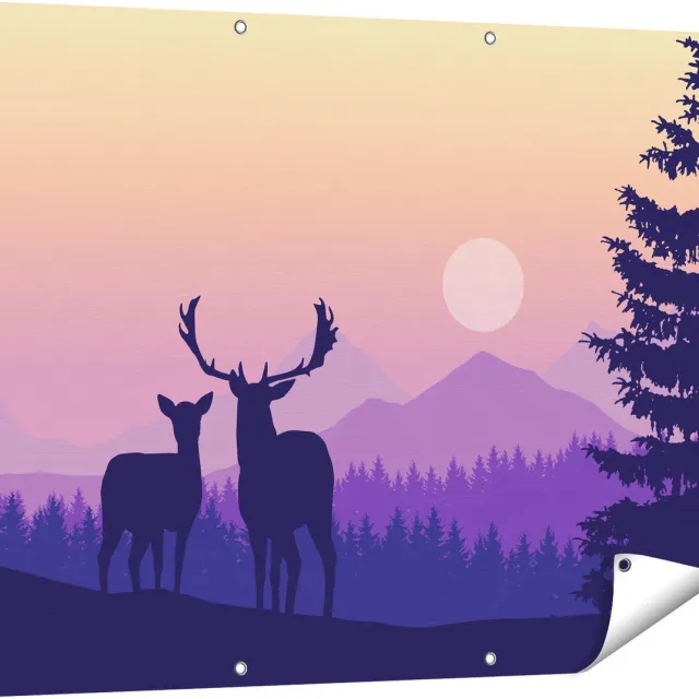 Gards Tuinposter Twee Herten - Zonsondergang - Silhouet - 120x90 cm - Tuindoek - Tuindecoratie - Wanddecoratie buiten - Tuinschilderij Multikleur